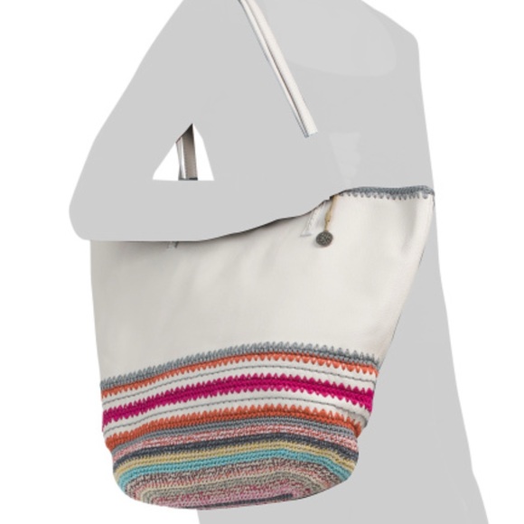The Sak Handbags - The Sak Faye Large Genuine Leather Tote Stone With Multicolored Crochet Stripes
